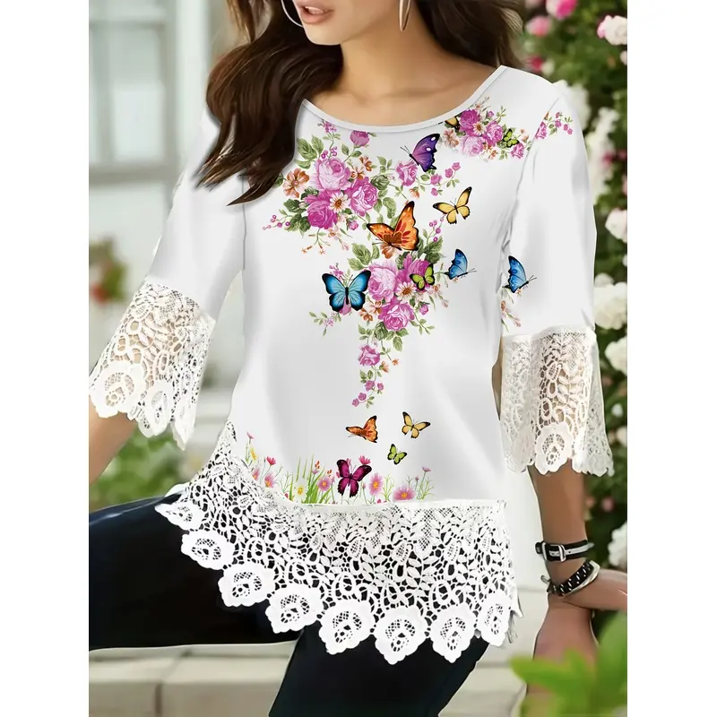 Women'S Elegant Butterfly Print Lace Trim Top - White Crew Neck Blouse with Floral & Butterfly Design, 3/4 Sleeve Crop Shirt for Spring/Summer, Casual to Formal Wear, Butterfly Decorations campingessentials