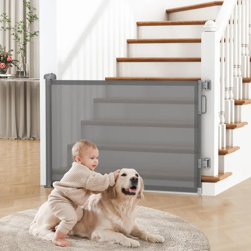 Grey Retractable Baby Gate for Stairs Doorways, Mesh Pet Toddler Safety Gate Extends Up to 55" Wide 34" Tall, Indoor Outdoor Easy Install Child Gate for Hallways Deck Porch