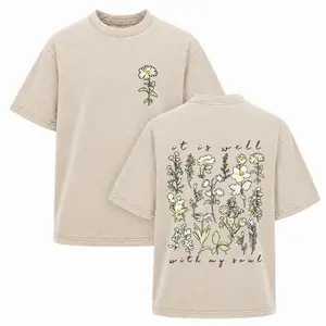 Men's Vintage "It Is Well with My Soul" Floral Print 230g Washed Cotton T-Shirt - Distressed Streetwear, Drop Shoulder, Loose Fit Short Sleeve Round Neck Summer Casual Top