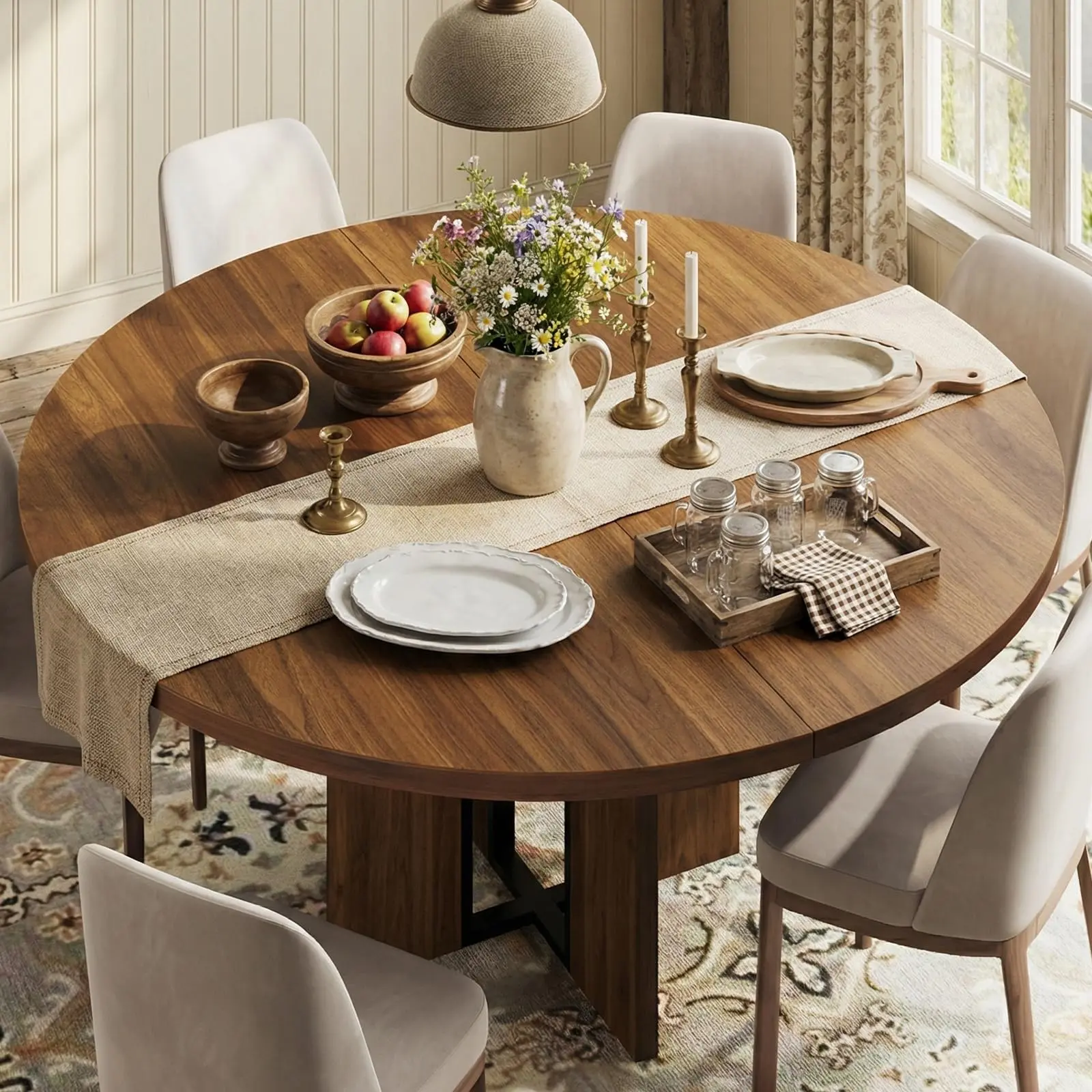 Extendable Farmhouse Dining Table for 4-8 – Round to Oval Wooden Table – Sturdy Metal Frame – Space-Saving Design – Arched Legs – Ideal for Apartment or Dining Room