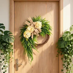 1 Pack Artificial Hydrangea Wreath with Burlap Bow, All Seasons Front Door Wreath, Rustic Farmhouse Decor, Durable Plastic Frame, Holiday Gift