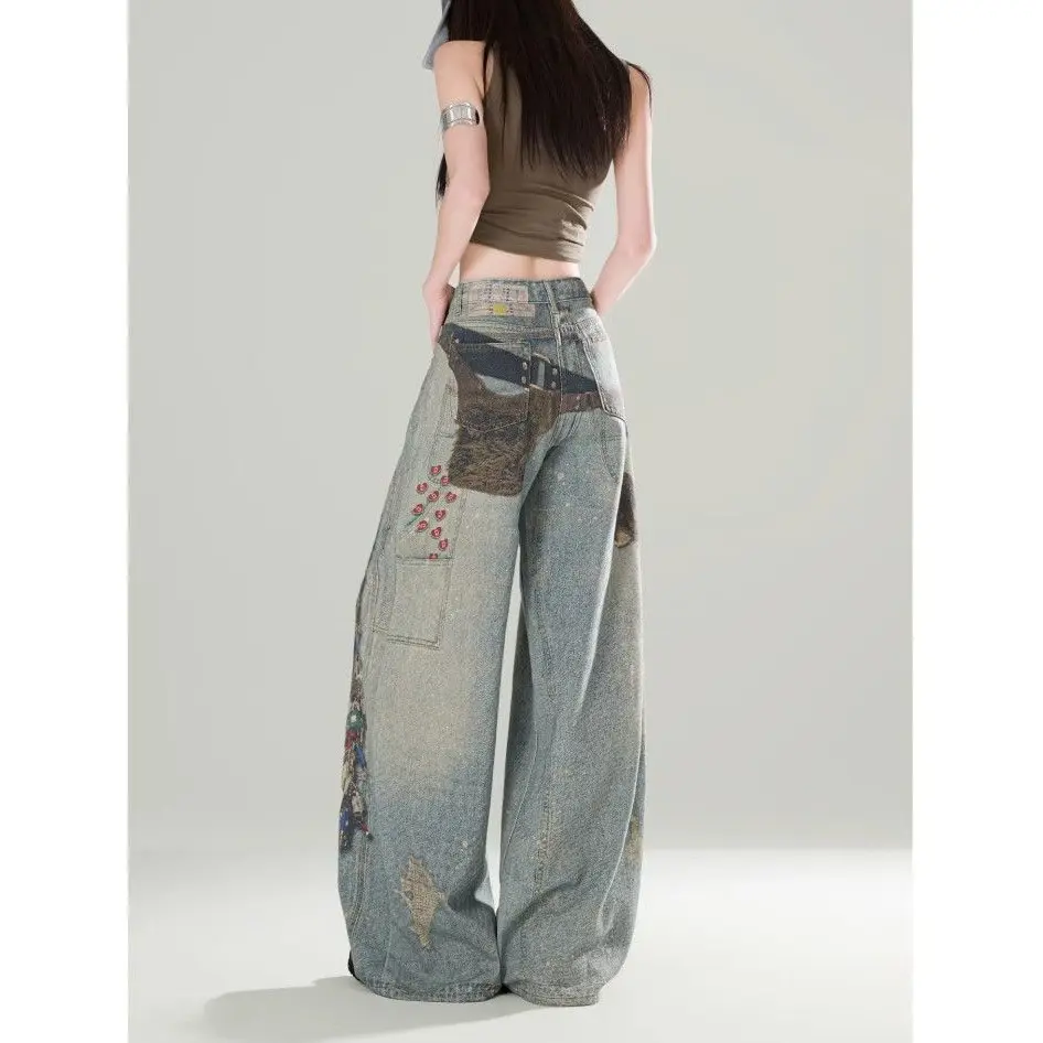 Women's Y2K Retro High-Waisted Printed Wide-Leg Jeans – Loose, Straight-Leg, Slimming Fit with a Drapey, Floor-Length Cut