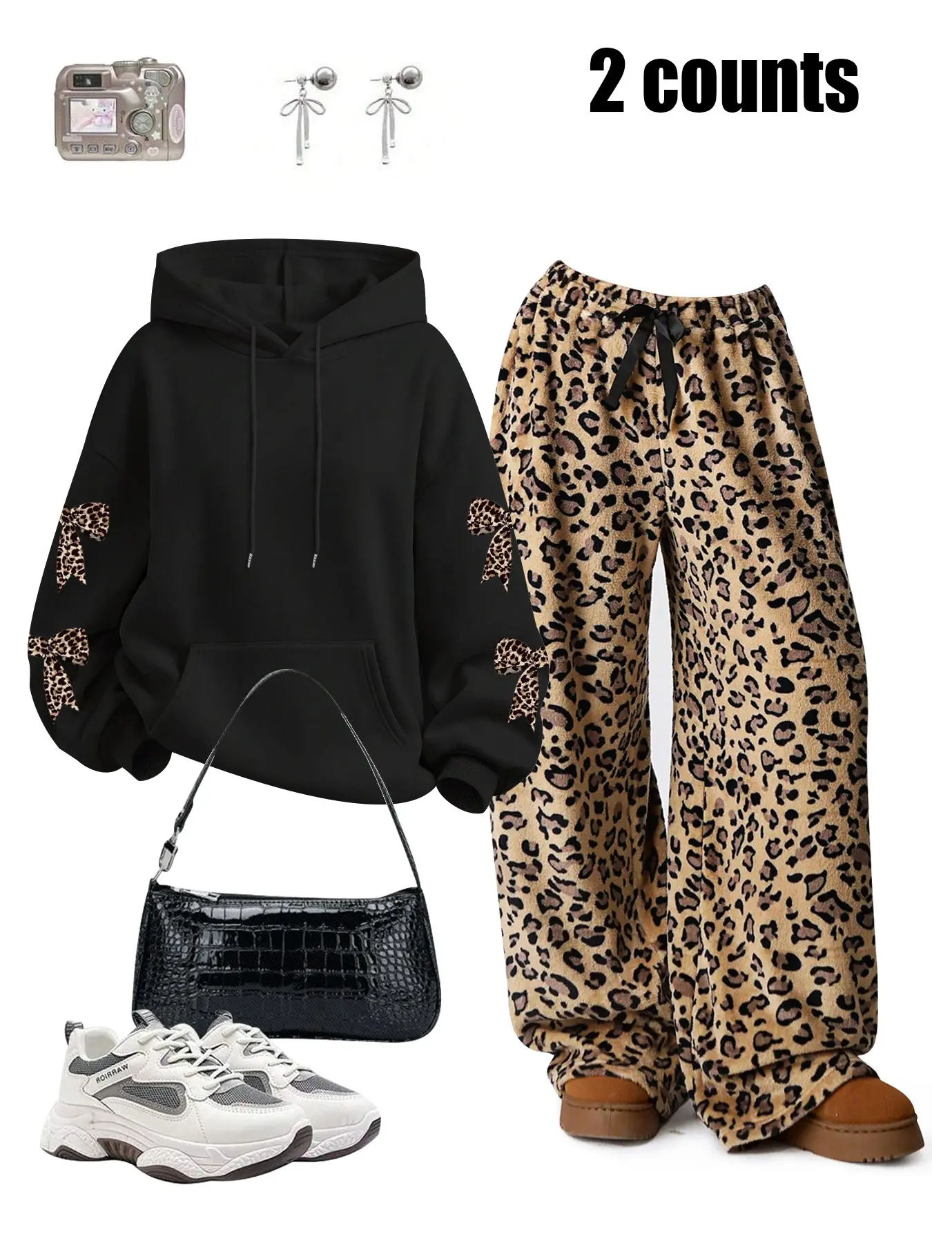 Women's Casual Sweatshirt and Leopard Print Wide Leg Pants Set, Butterfly Knot Pattern, Hooded Sweatshirt with Elastic Waist, Fall Winter Comfortable