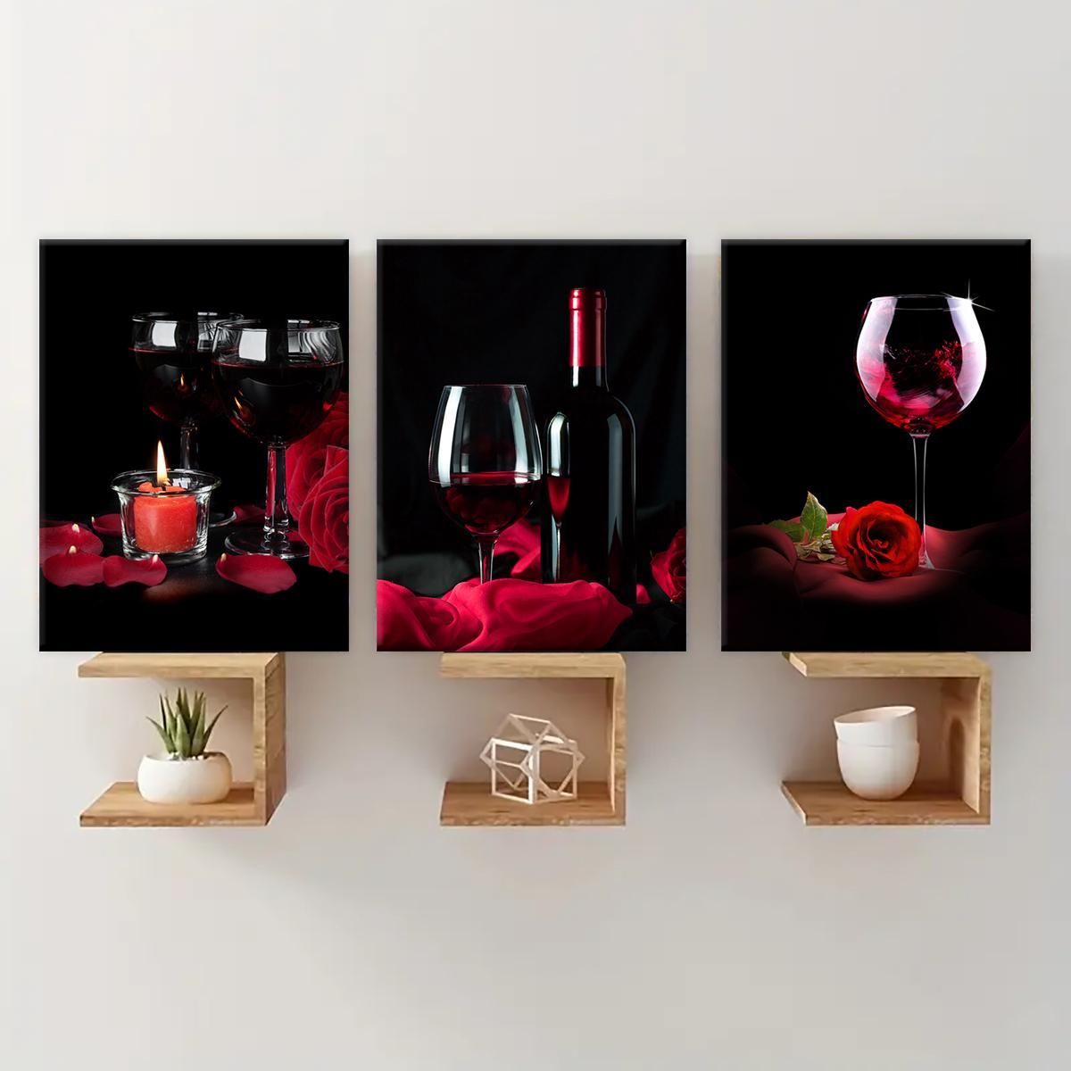 Wine Themed Canvas Painting, 3 Counts/set Romantic Wine Glass Pattern Vintage Wall Art, Wall Decor for Home Living Room Bedroom Office, Ornaments
