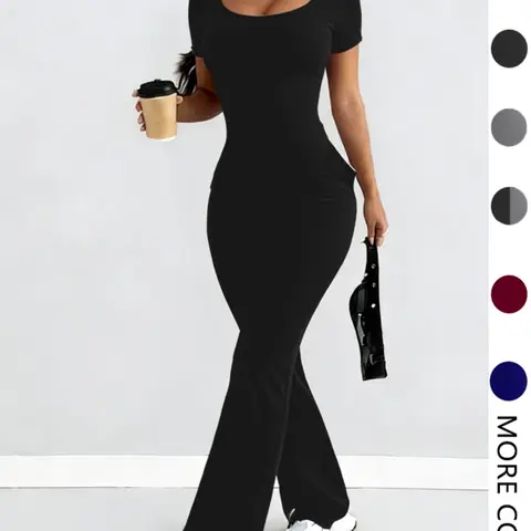 Women's Short Sleeve Jumpsuit, Solid Color High Waist with Pockets, Casual Loose Fit for All Seasons, Jumpsuits with Pockets