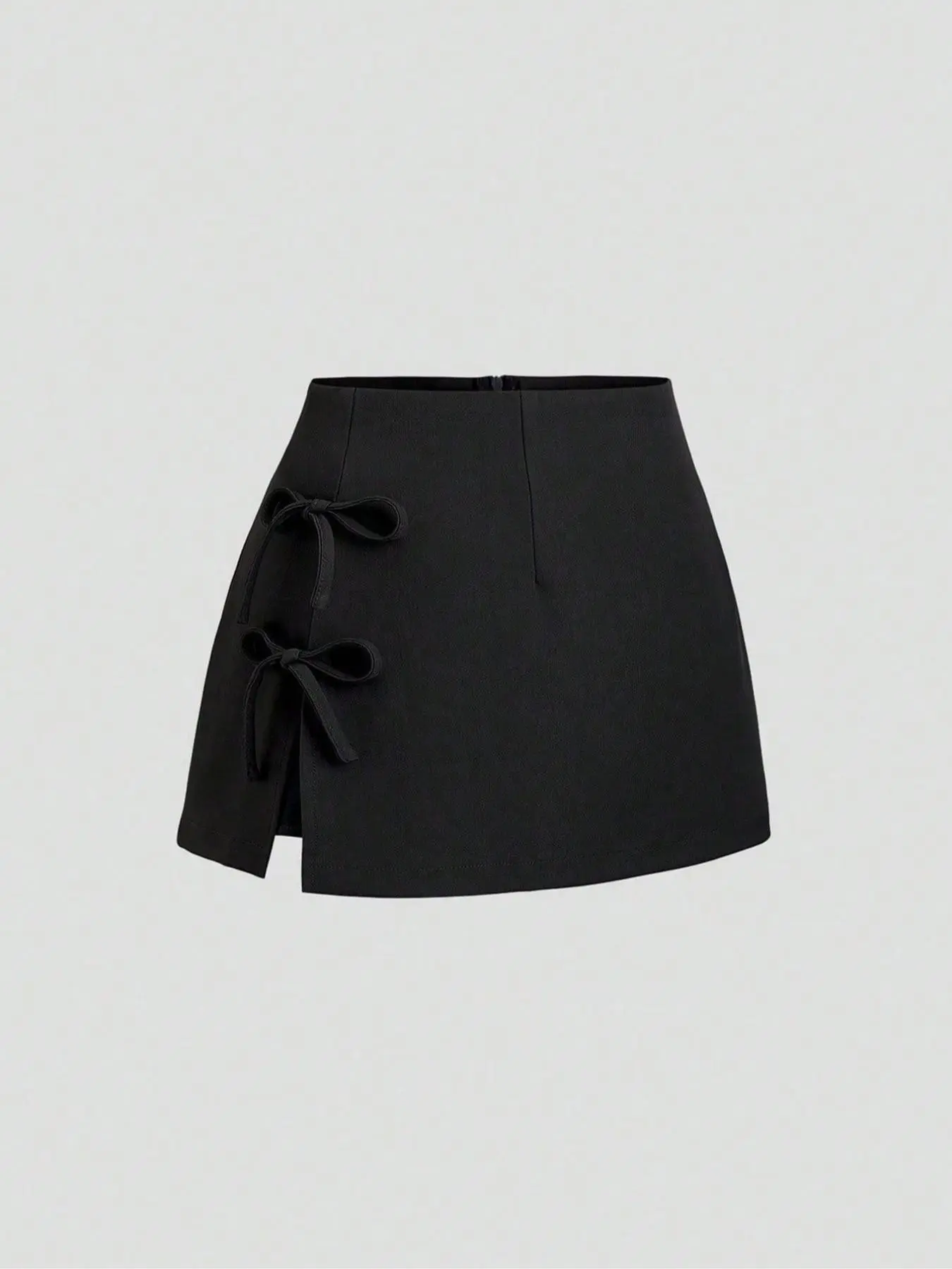 Black High Waisted Bow Trimmed Slit Skirt Pants With A Simple, Versatile And Casual Style, High Waisted Silhouette, And Short Skirt Pants Design Suitable For Women'S Workplace, Office, Daily Leisure, And Dating Travel