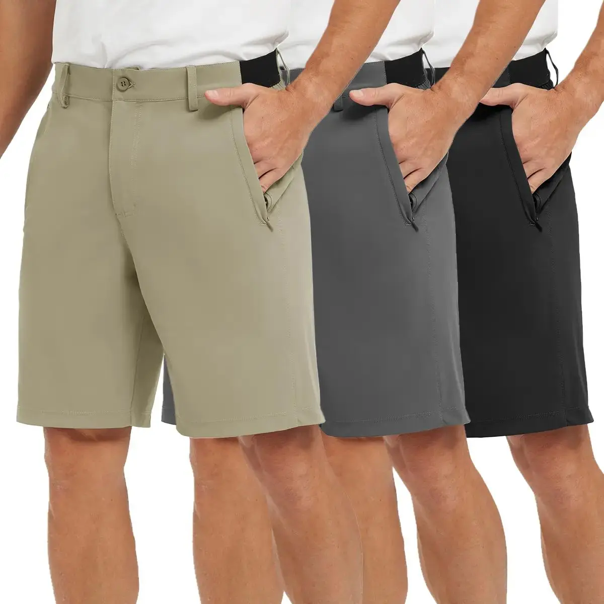 Men's 9" Golf Shorts, Casual Plain Nylon Blend Outdoor Wear with 3 Pockets, Button Closure & UPF 50+ Sun Protection, Men's Shorts, Anti-Skidding Silicone