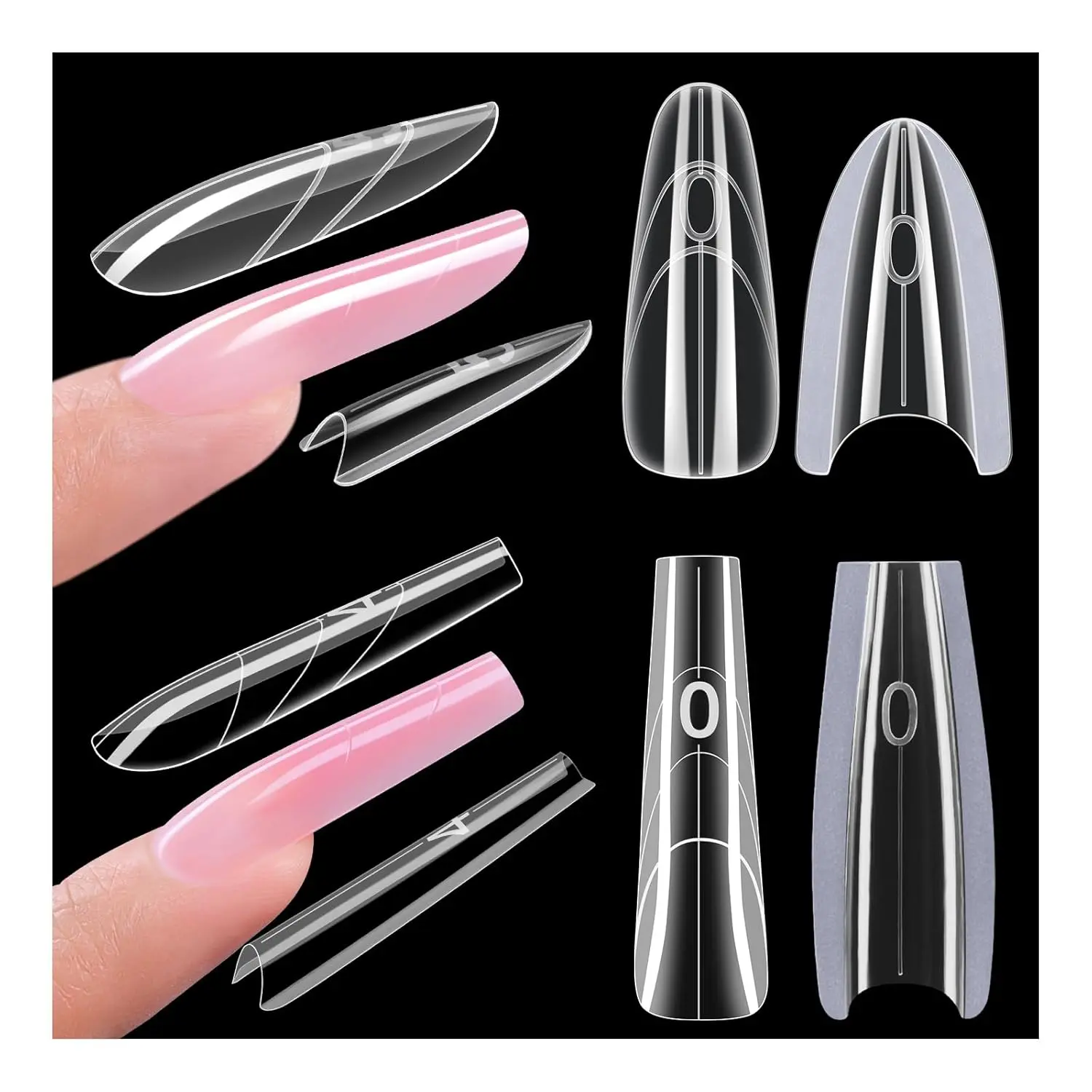 Dual Forms for Nail Extension:256pcs 16 size, Almond  Sandwich Dual Forms Work with Builder Gel ＆ Polygel  Reusable 50+ Times Clear Acrylic Molds Kit for Quick Manicure DIY Nails Art Nail Art Supplies
