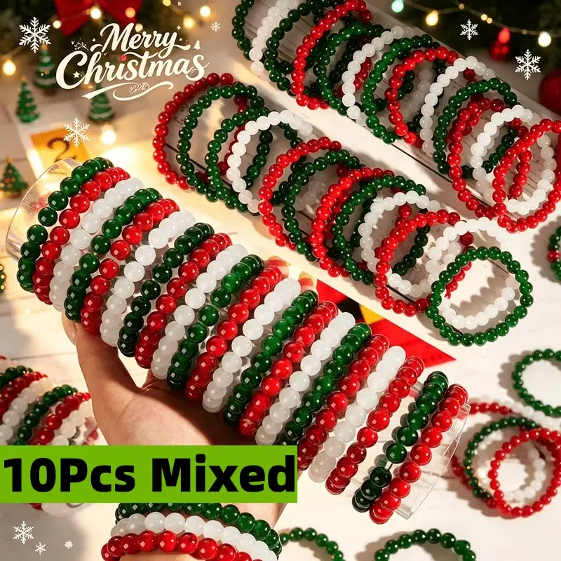 10Pcs Boho Christmas Bracelets Bulk, Classic Red Green White Glass Bead Stretch Bracelets for Women Men, Christmas Party Favors Goodie Bag Fillers Stocking Stuffers Holiday Gifts