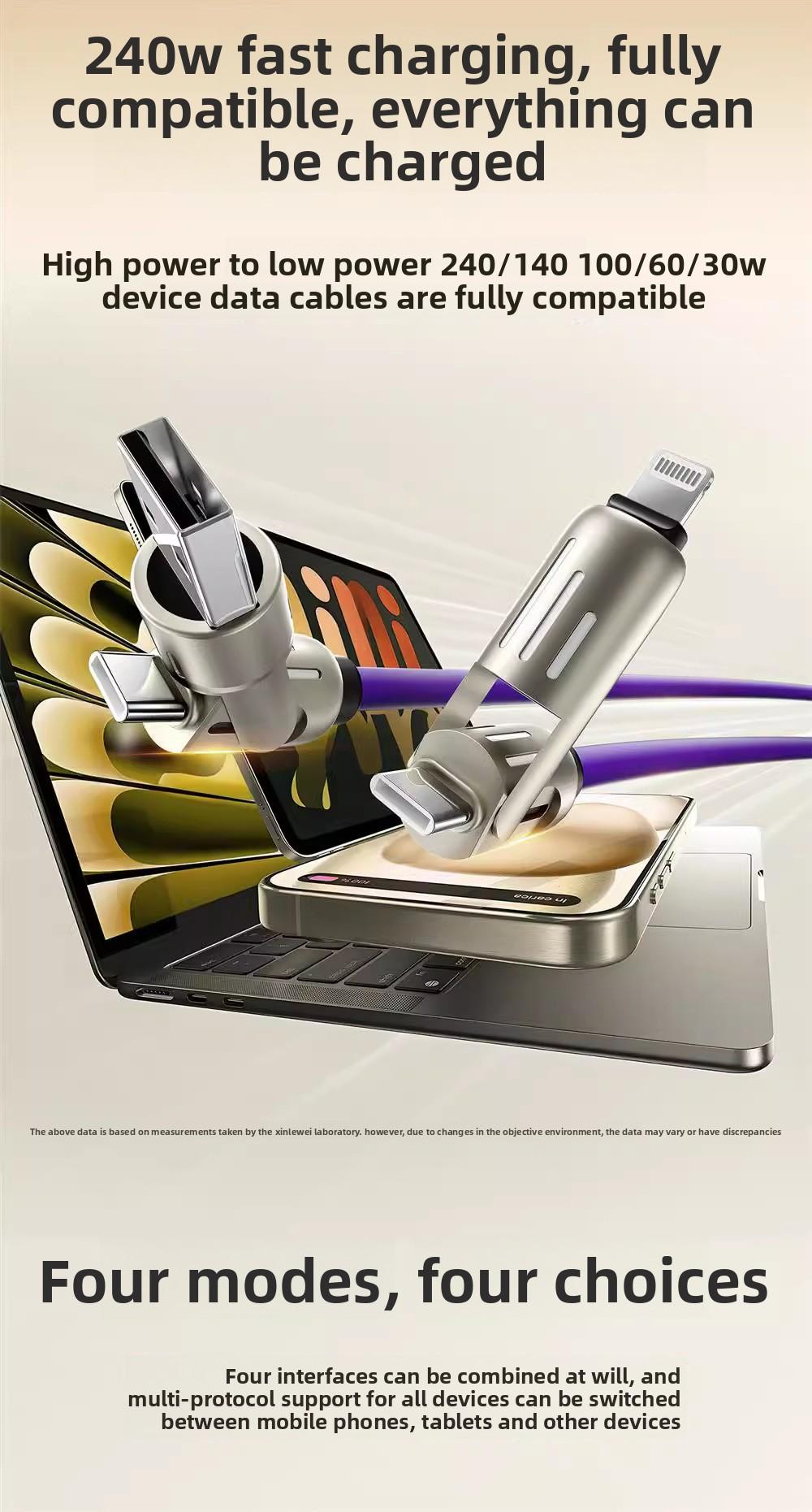 240W light-emitting four-in-one mobile phone data cable PD super fast charging dual-port charging data cable with colorful breathing light