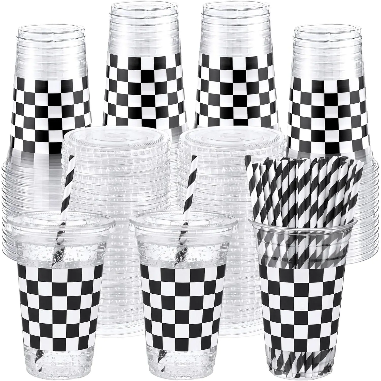50 Sets 20 oz Checkered Plastic Cups with  and Paper Straws, White Black Checkered Flag Disposable Drinking Cups for Race  Birthday Party Decorations Supplies
