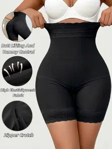 1 Count Women's Underwear Sexy Solid Color Lace High Elasticity Shapewear Shorts, Fajas, Colombian Shapewear, Comfortable Breathable Bottoms, High Waist Butt Lifting and Tummy Control Shaping Briefs, Suitable for Daily Wear & Yoga & Fitness Training