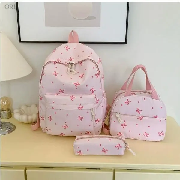 Cute Floral Bow 3Pcs Backpack Set for Girls, Large Capacity Sweet School Bag for Primary & Middle School Students Back to School Must Have,Leather,Gradient,Color,Detachable,tote,,elastic,fit,,belt,,soft,plush,,zip,closure,