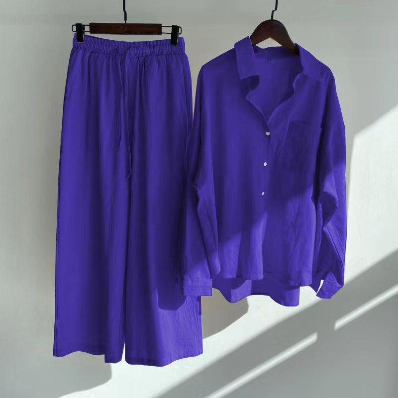 Ms. Xun's 2-piece Retro Plus Size 2026 Cotton Linen Shirt Set with High-waisted Loose Trousers
