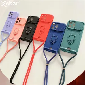 Crossbody Lanyard Silicone Ring Holder Card Wallet Case For iPhone 17 16 15 13 11 12 14 Pro Max XS XR 8 Plus Slide Camera Cover