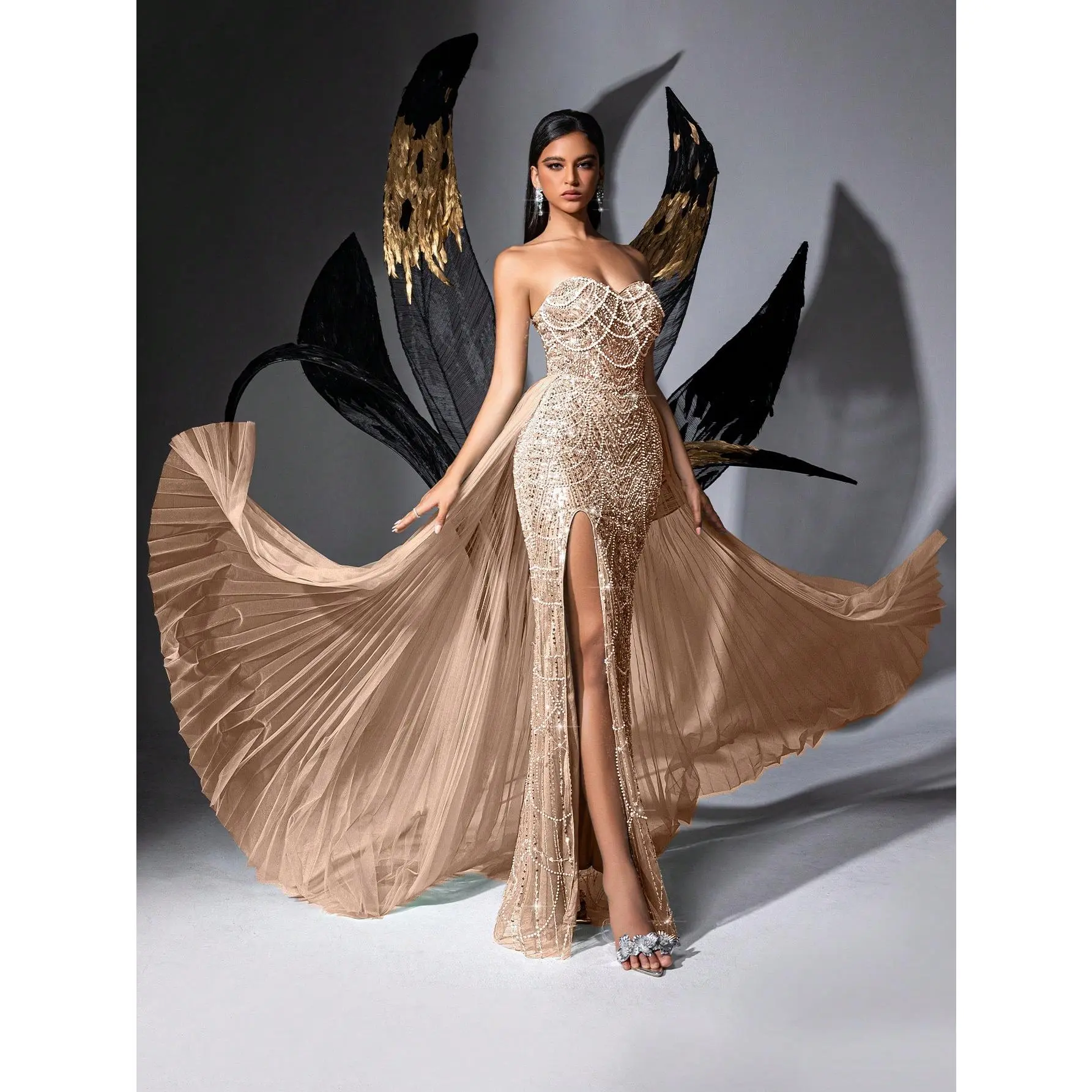 Luxury Apricot Strapless Hand Beaded Mermaid Evening Gown with Pleated Tulle Overlay High Slit & Sequin Splicing for Formal Events Leg Polyester
