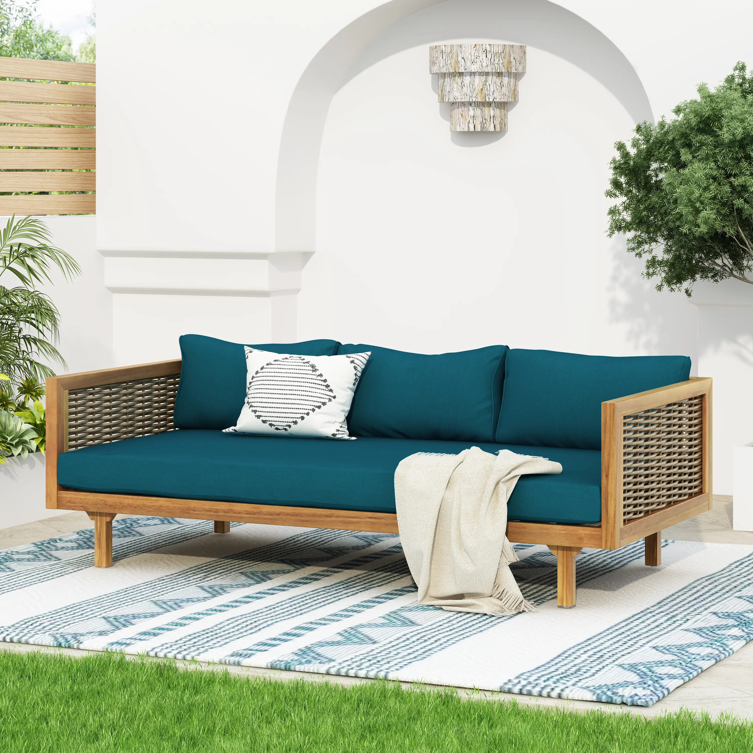 Nokaa 3-Seater Outdoor Daybed with Rattan Armrests – Acacia Wood Frame, Teak/Teal Color, Water-Resistant Cushion, Slat Panel Backrest, 67.5W x 32D x 24.25H in, Assembly Required