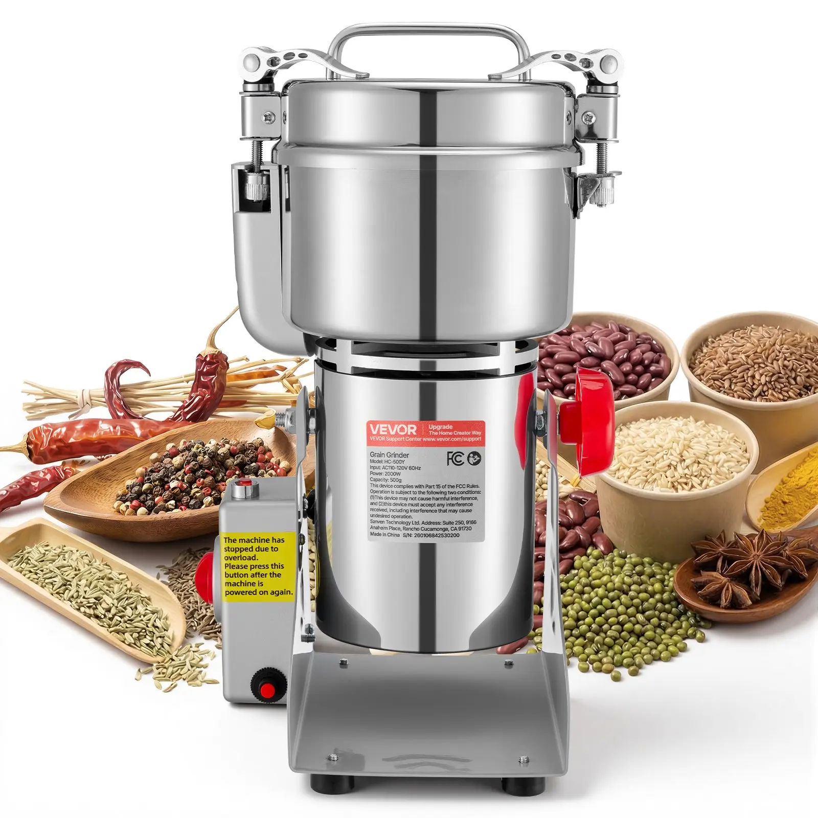 VEVOR 270 Swing Type Electric Grain Mill Grinder, 500g 2000W 28000 RPM High-Speed Stainless Steel Pulverizer for Pulverizing Dried Grains, Coffee Beans, Spices, Nuts
