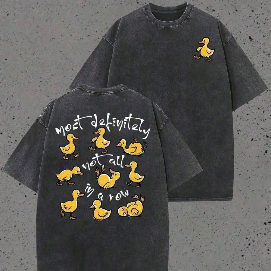 Unisex Vintage Washed Yellow Duck Slogan Graphic T Shirt Double Sided Front Small Duck Logo Back Ducks Not All In A Row Text Print Soft Cotton Relaxed Crew Neck Short Sleeve Top Retro Casual Streetwear Outfit