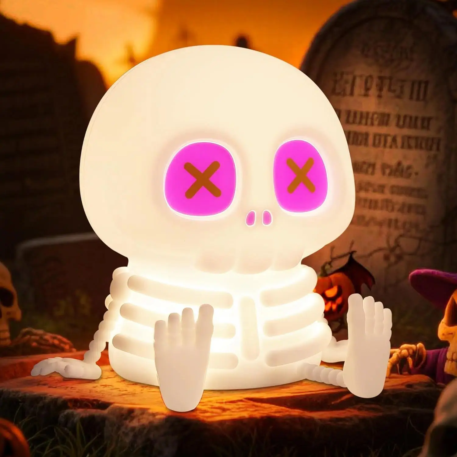 Halloween Skeleton Skull Night Light LED Silicone Lamp, Touch Control Warm Glow Bedside Lamp Adjustable Brightness, Spooky Room Decor for Bedroom, Halloween Party, Night Stand & Holiday Gift
