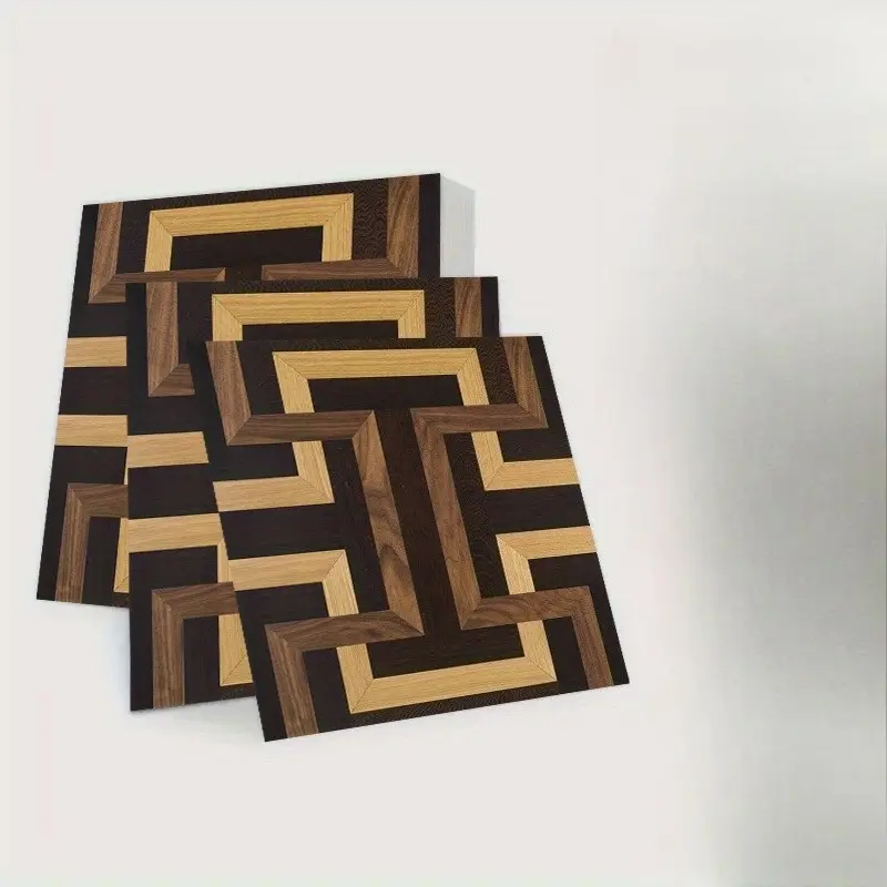 10pcs 2D Flat Peel and Stick Faux Leather Floor Stickers, Dark Geometric Wood Floor Pattern, Easy to Install, Durable, Suitable for Bedroom, Living Room, Kitchen, Dorm Home Decor