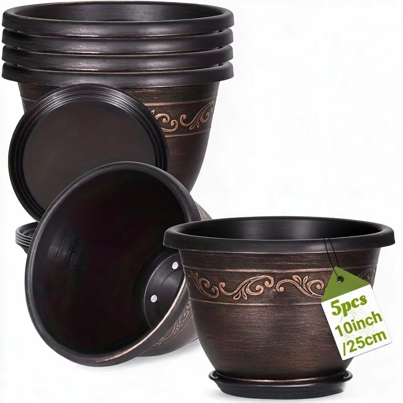 Set of 5 10" Resin Plant Pots with Drainage & Saucers