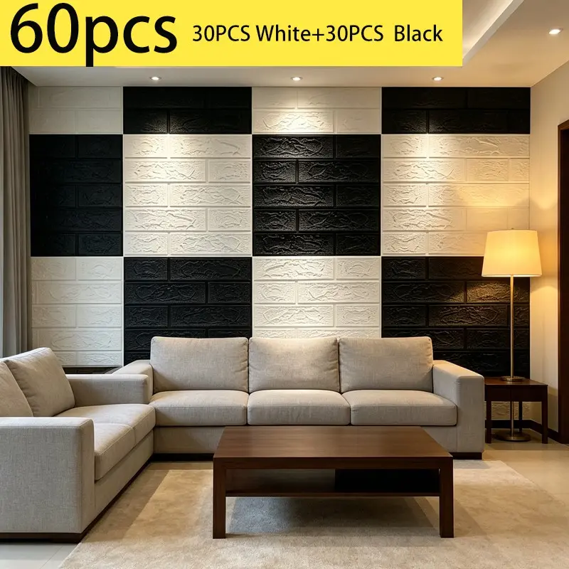 60pcs 3D Self-Adhesive Decorative Tiles, Waterproof Oil-Resistant Pe Foam Wallpaper, Bathroom Peel and Stick Wallpaper for Interior Walls, 38.5x35cm, Indoor Home Decoration