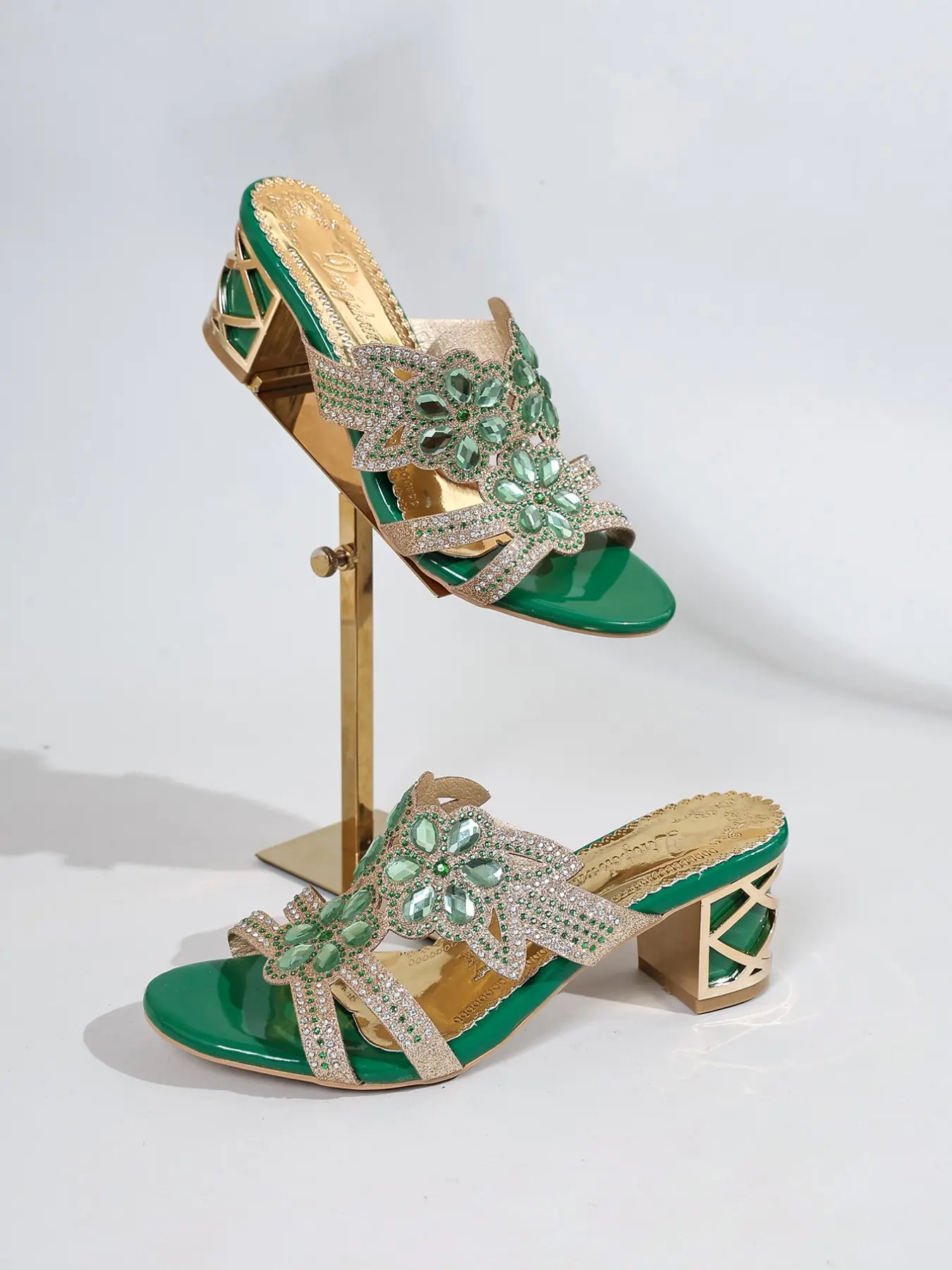 Women's Crystal Rhinestone Handmade High Heel Dress Sandals, Boho Style PU Leather Shoes, Fashionable Party Shoes, Random Print, Less Than Ankle Height