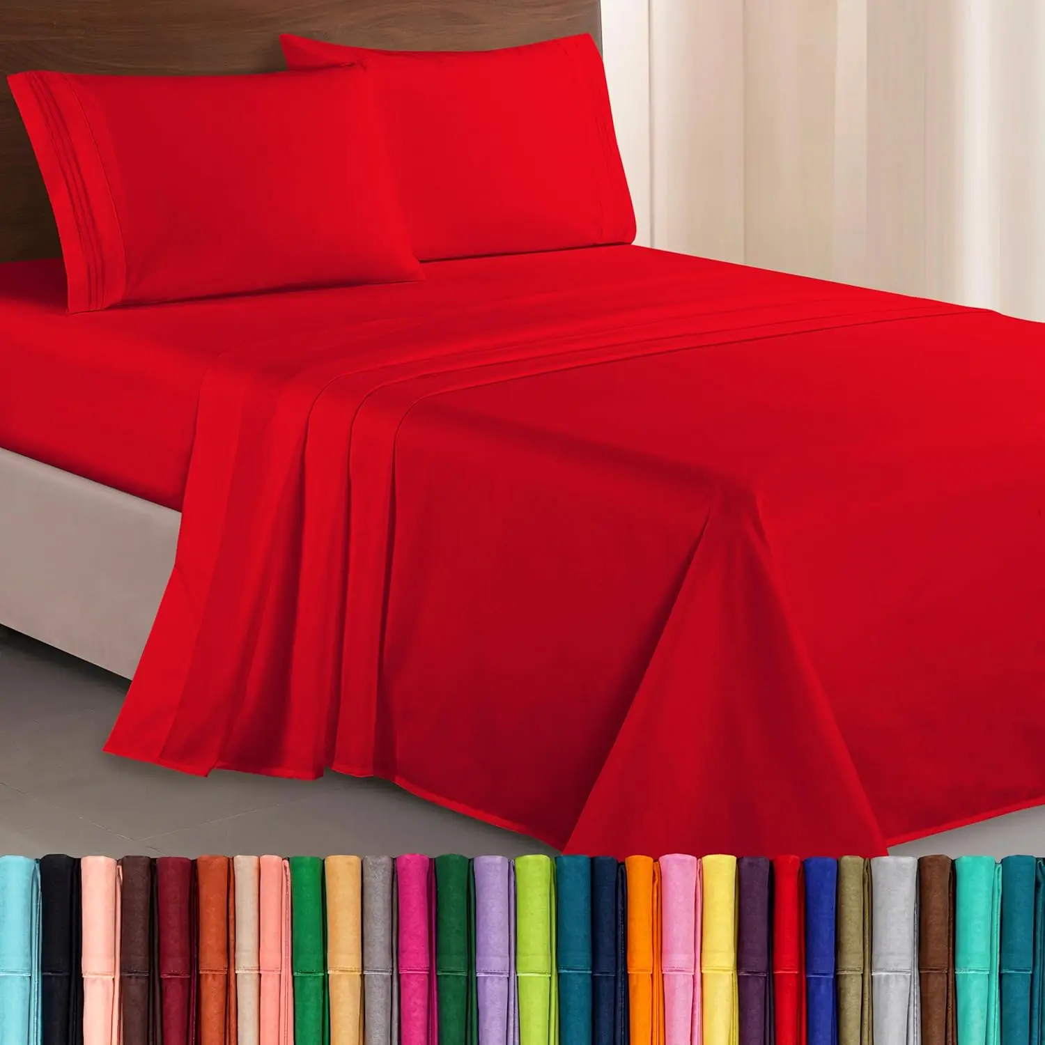 Luxurious 1500 Premium Hotel Quality Microfiber Three Line Embroidered Softest 4-Piece Bed Sheet Set, Wrinkle and Fade Resistant, Queen, Red