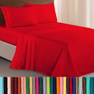 Luxurious 1500 Premium Hotel Quality Microfiber Three Line Embroidered Softest 4-Piece Bed Sheet Set, Wrinkle and Fade Resistant, Queen, Red