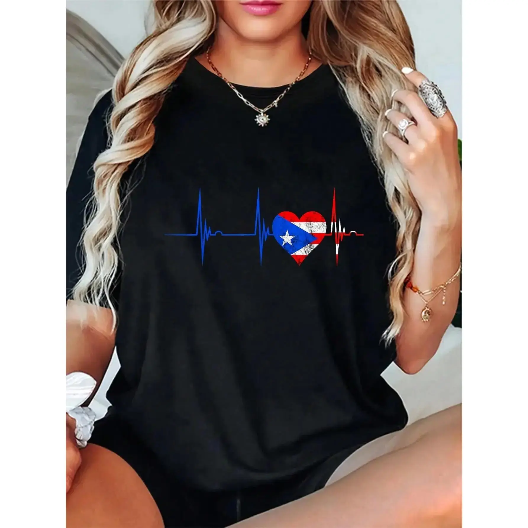 Men's Puerto Rico Heartbeat Graphic T-Shirt - Unisex Fitted Round Neck Streetwear, Boricua Pride Everyday Top, Machine Washable Holiday Gift, Tshirt, Shortsleeve, Casual, Distressed, Menswear, Vintage, Fitted Cut, All Seasons