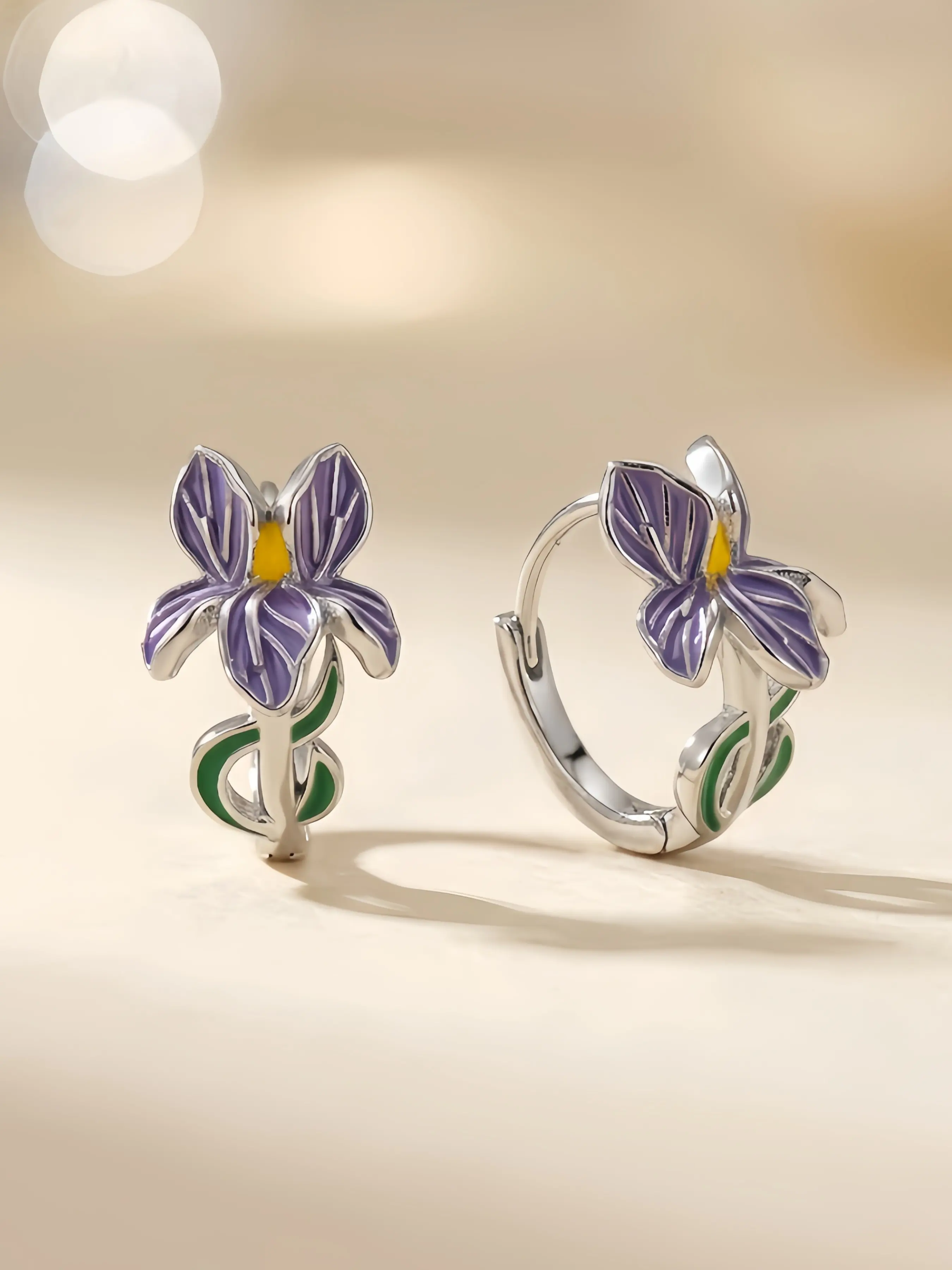 French Vintage Romantic Iris Hoop Earrings, Elegant Enamel Craft Plant Earrings, Countryside Style Floral Jewelry Gift for Her