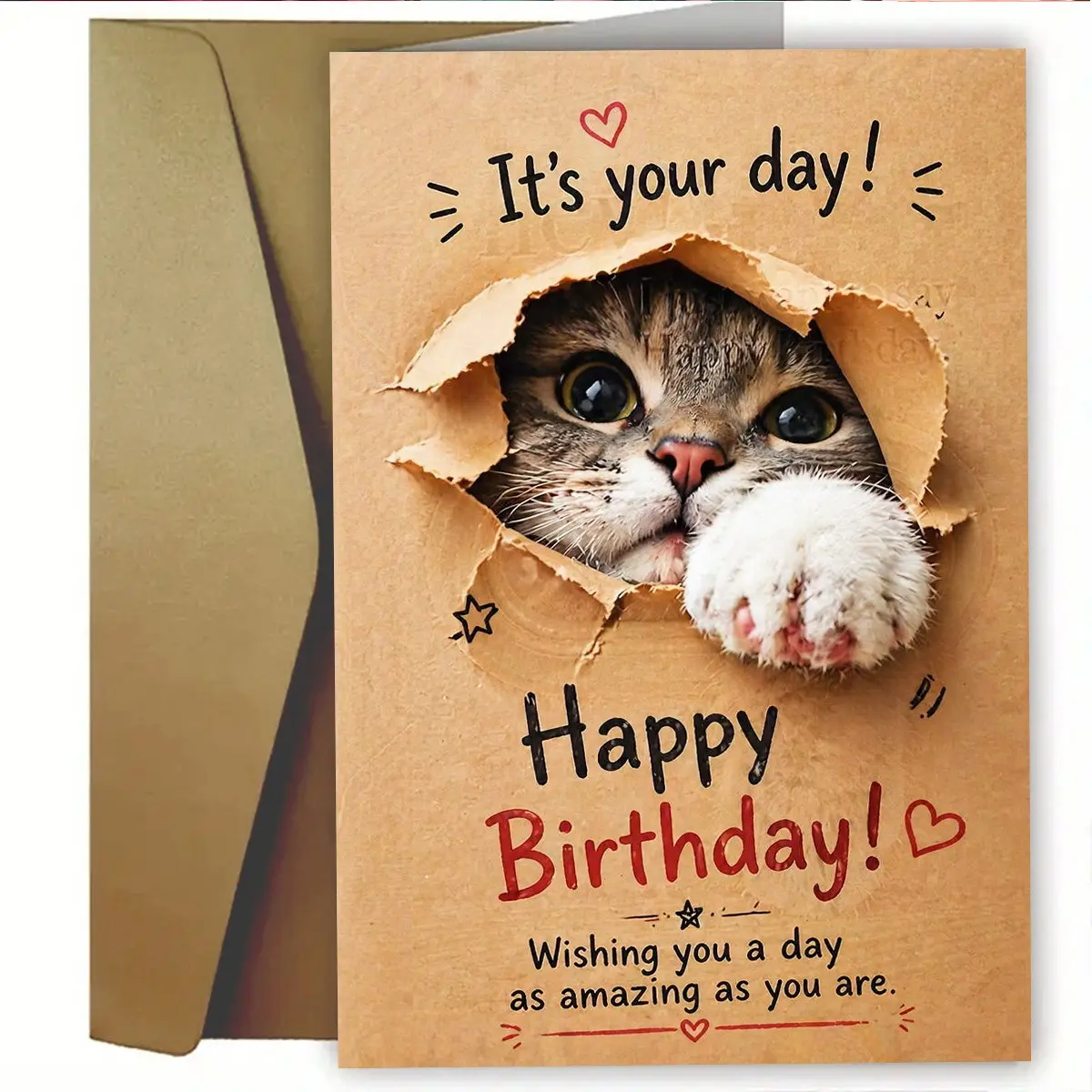 Cute Plush Cat Birthday Card Set with Envelope, Featuring 'today Is Yours' and 'happy Birthday,' High-Quality Paper, Options