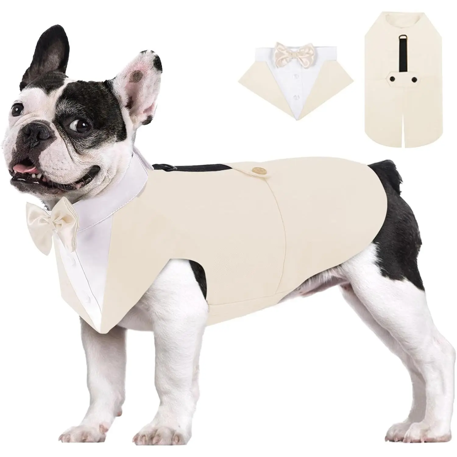 Small Dog Formal Tuxedo Costume Set - Detachable Bowtie Collar, Bandana, Shirt, Dress-Up Wear for Wedding, Christmas Events, Formal Look, Party Ready, Universal Fit Gentle Dog Outfit