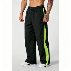 Men's Sporty Chic Wide Leg Sports Joggers - Adjustable Elastic Waistband, Baggy Drawstring, Comfortable Stretchy, Fast Dried, Hollow Mesh Panel, Side Full Zip, Breathable Lightweight Casual Streetwear Outdoor Hiking Trousers, Adjustable Elastic Waistband