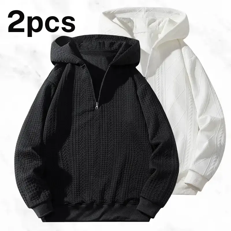 High quality spring/autumn two pack half zip hoodies with a hood, American vintage laid back vibe, three dimensional wheat spike jacquard knit fabric—breathable, skin friendly, non claustrophobic even when sweating, loose