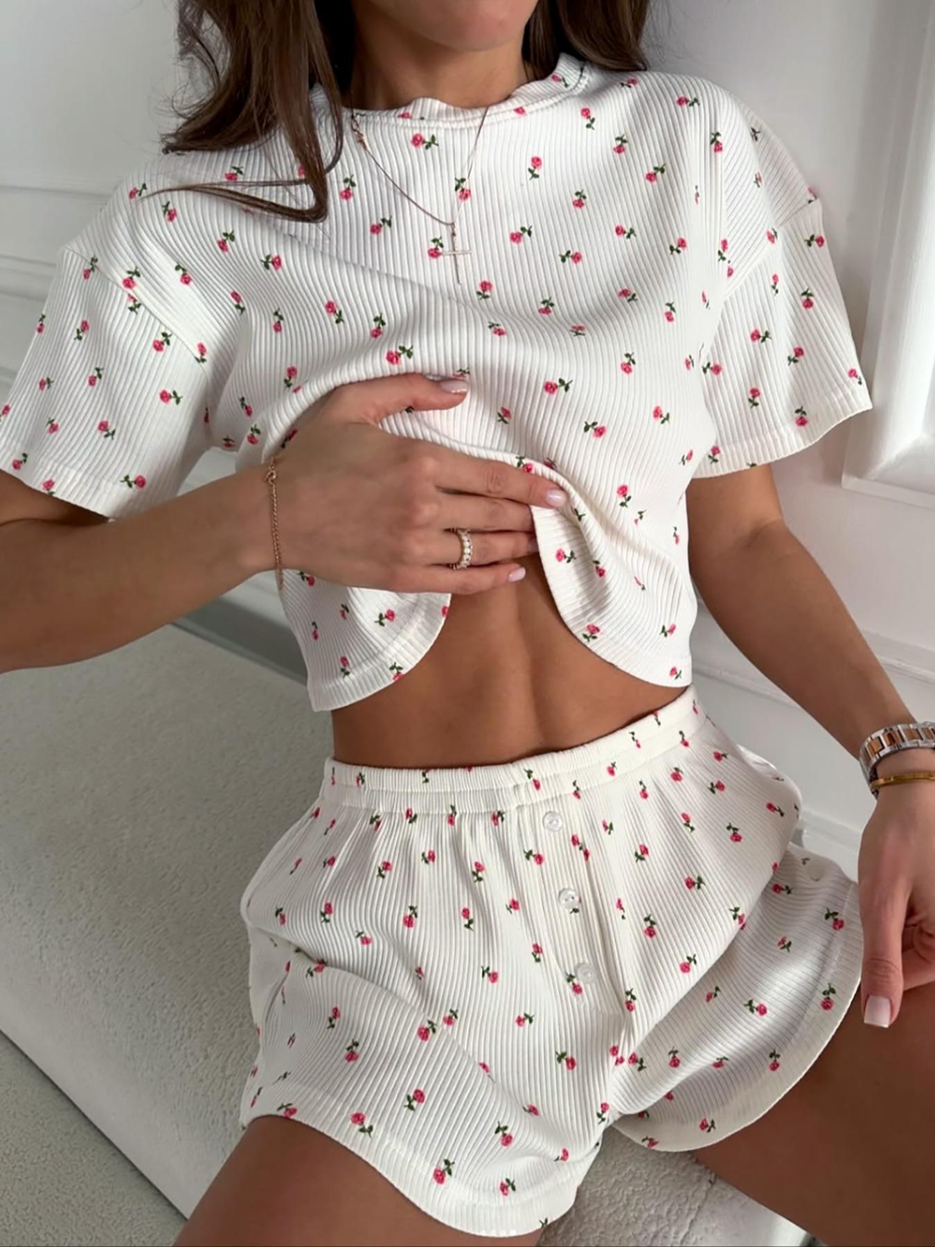 Women's Floral Print Crop Top & Shorts Cute Loungewear Two-Piece Set, Casual Comfy Short Sleeve T-Shirt & Shorts PJ Set, Ladies Summer Sleepwear, Pajama