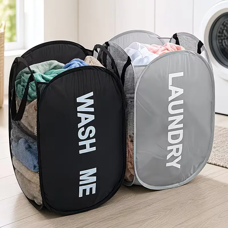 2 Large Capacity Foldable Laundry Baskets, Breathable Mesh Panel, Simple Solid Design, Ideal for Clothes Storage, Laundry Basket, Storage Basket