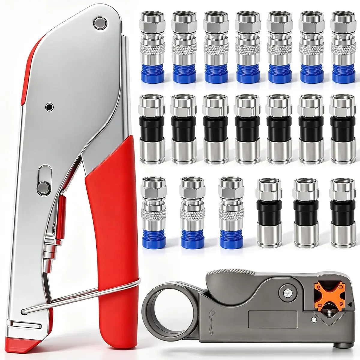 Coax Cable Crimper Tool Kit, 20 PCS F Style RG59 RG6 Compression Connectors, Coaxial Cable Stripper, Compression Tool for DIY Home Repair, Installation