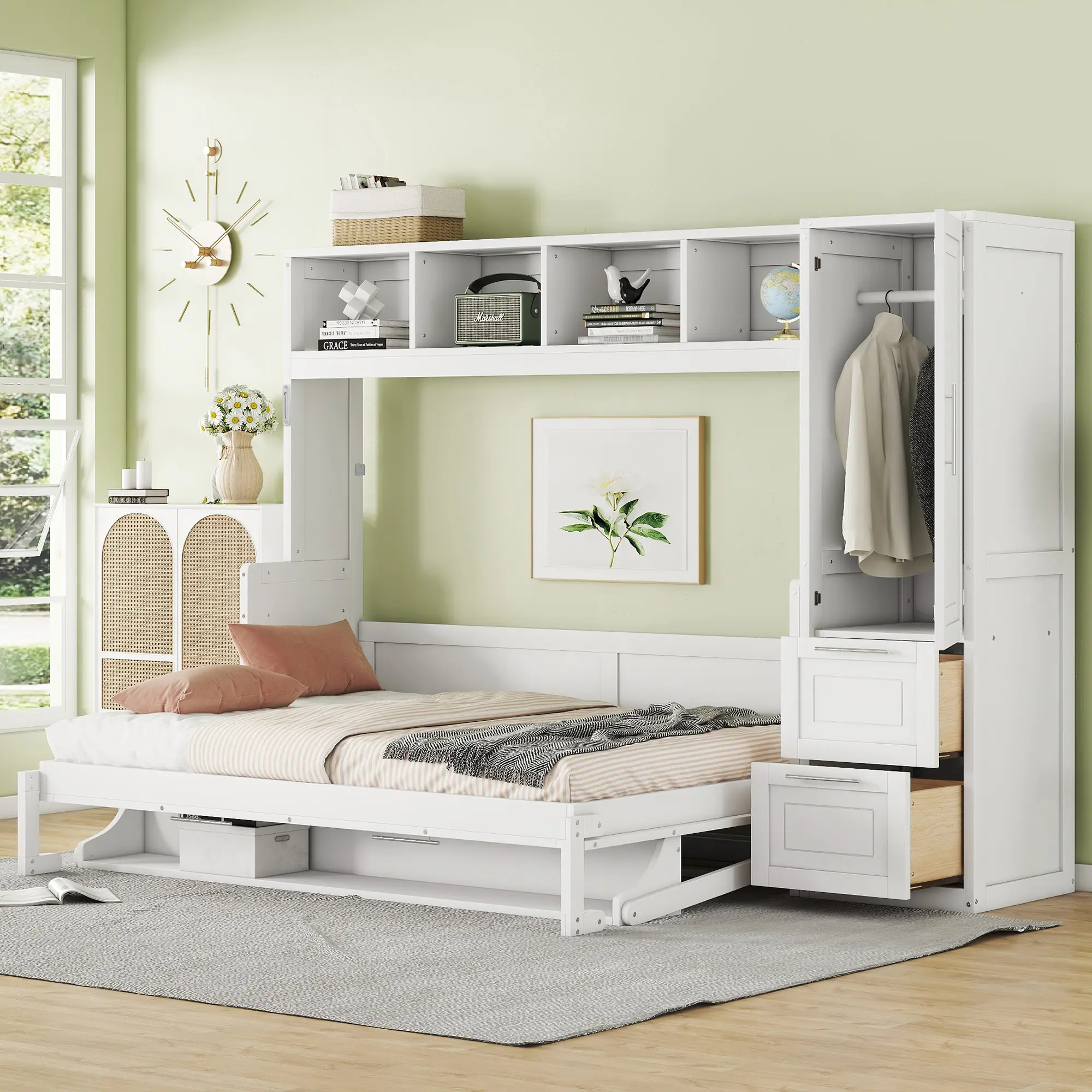 ARCH Full Size Murphy Bed Wall Bed with Closet and Drawers, White MDF+LVL, Space-Saving Foldable Bed with Wardrobe and Storage, for Bedroom Guest Room, 58W x 107.5D x 72H in, Combo Unit, White Color Options, MDF+LVL Material, Product Dimensions: