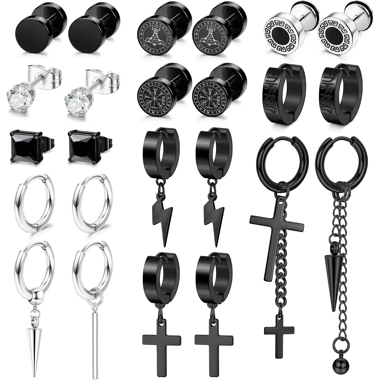 24Pcs Black Earrings Set for Men Women, Stainless Steel Round Square Viking Studs, Lightning & Cross Hoop Earrings, Punk Gothic Piercing Jewelry