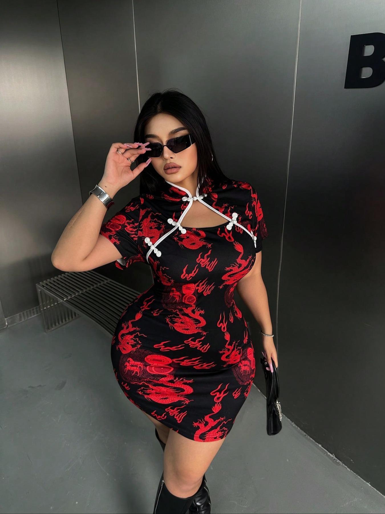 [plus Size] Ethnic Pattern Print Mandarin Collar Bodycon Dress, Elegant Short Sleeve Short Dress for Party Holiday Wedding Guest, Women's Clothes for All Seasons, Formal Dress Hides Tummy, Shortsleeve Womenswear Lady