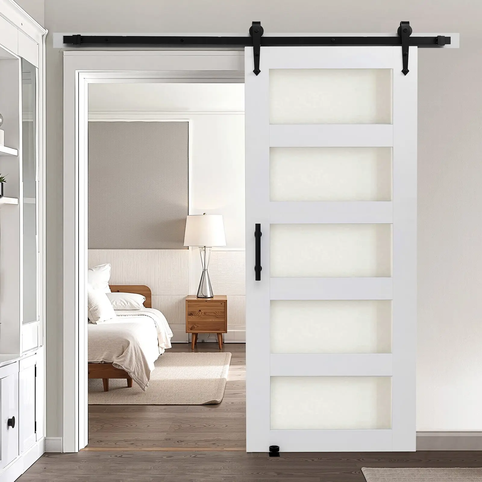 36 x 84 In MDF Panel Frosted Glass Sliding Barn Door with Hardware Kit, Rustic Modern Wood Frame, Smooth Track System, Scratch-Proof, Easy Mount & Assembly, Indoor Home Decor Divider for Living Room, Office, Room Divider