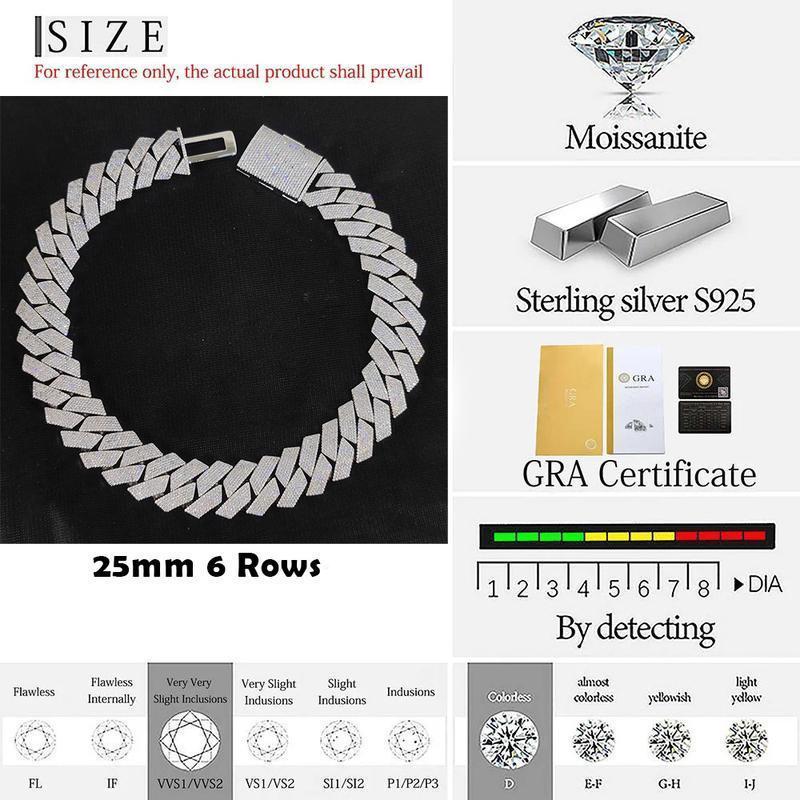 [SWS]Pass Diamond Test GRA Moissanite 25mm Wide 6Rows 925 Solid Silver Cuban link chain for Rapper Hip Hop VVS Iced Out Necklace Book Pendant.............