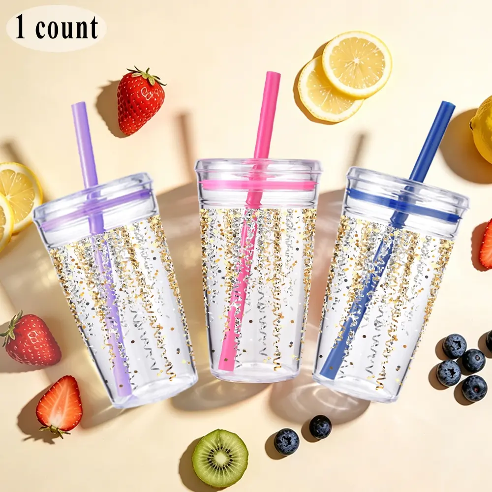 1pc/16oz/500ml/Clear Cold Tumbler,Plastic Coffee Cup With Straw,Water Bottle,Sparkling Gold Silver Streamer Confetti Pattern Decorative Centerpiece For Festive Events Gift,Suitable For Summer,Beach,And Gatherings
