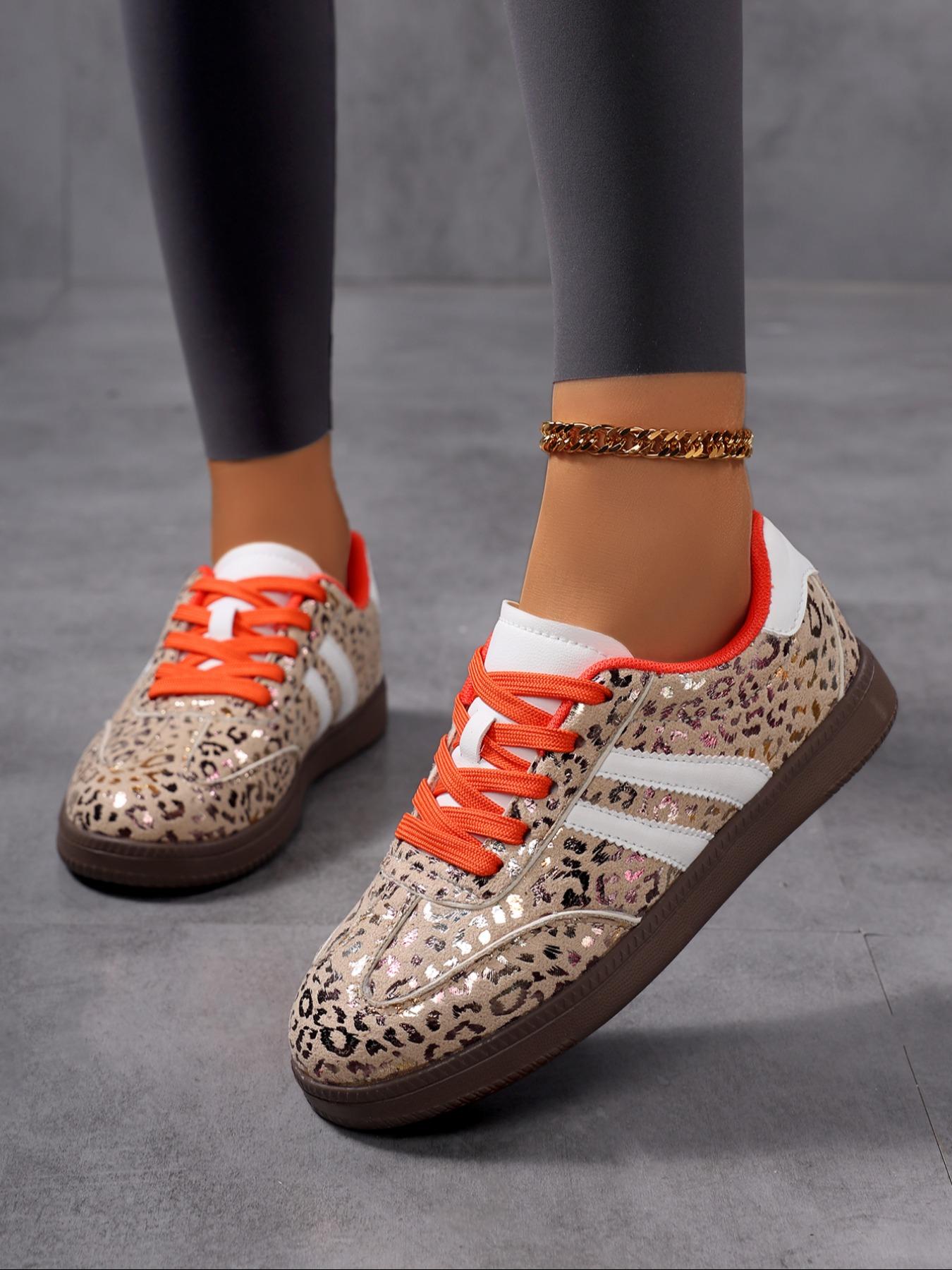 Size Runs Small, Size up1 size,Women's Leopard Print Lace-Up Flat Casual Shoes, Lightweight Comfortable PU Leather Sneakers for All Seasons, Daily Wear Outdoor Sports, Trendy Walking Sneaker
