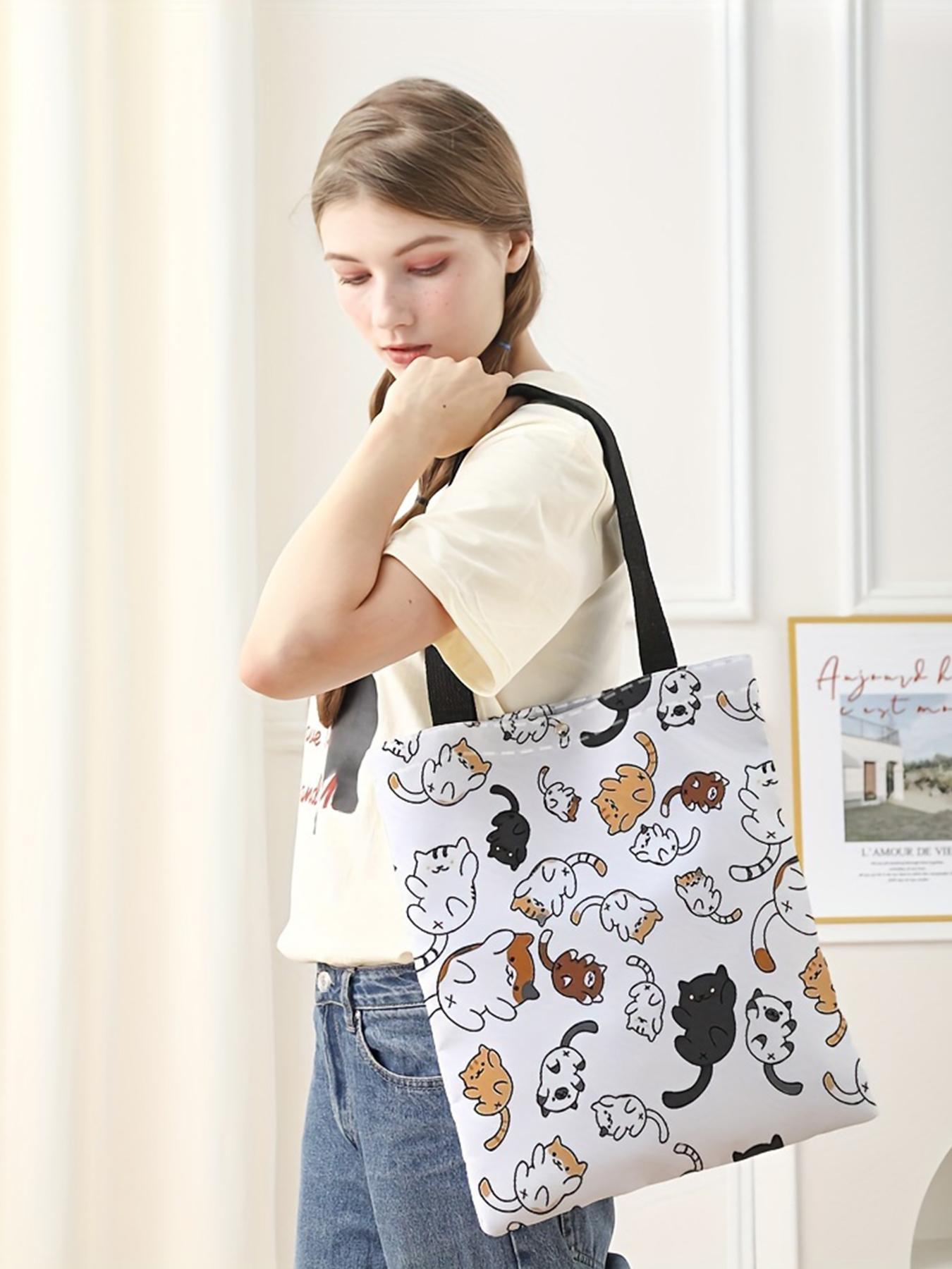 Cute Cartoon Cat Pattern Tote Bag, Fashion Tote Bag, Casual Versatile Storage Bag for Women & Girls, Trendy All-match Bag for Daily Shopping Office and Various Occasions, Fashionable Patterned Bag, Cute Tote Bags