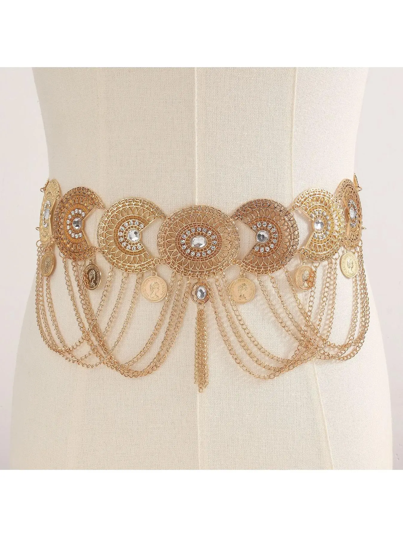 Retro Tang style Dunhuang Feitian Hanfu waist chain exotic ethnic style accessories belly dance tassel geometric coin belt