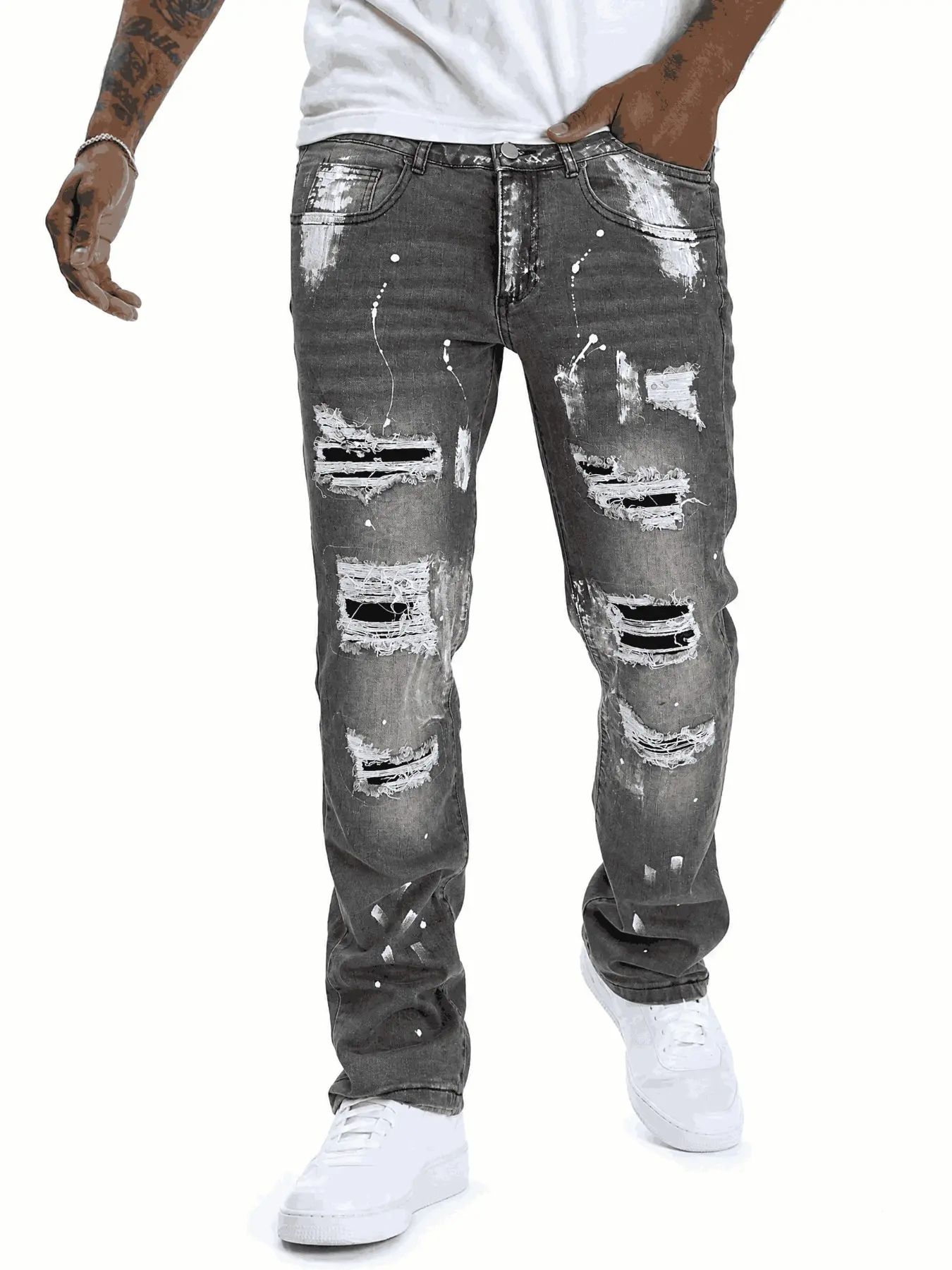 Men's Vintage Splatter Hole Straight Leg Jeans, Streetwear Hip Hop Patched Denim Jeans, Fitted Micro Stretch, All Seasons Casual Wear