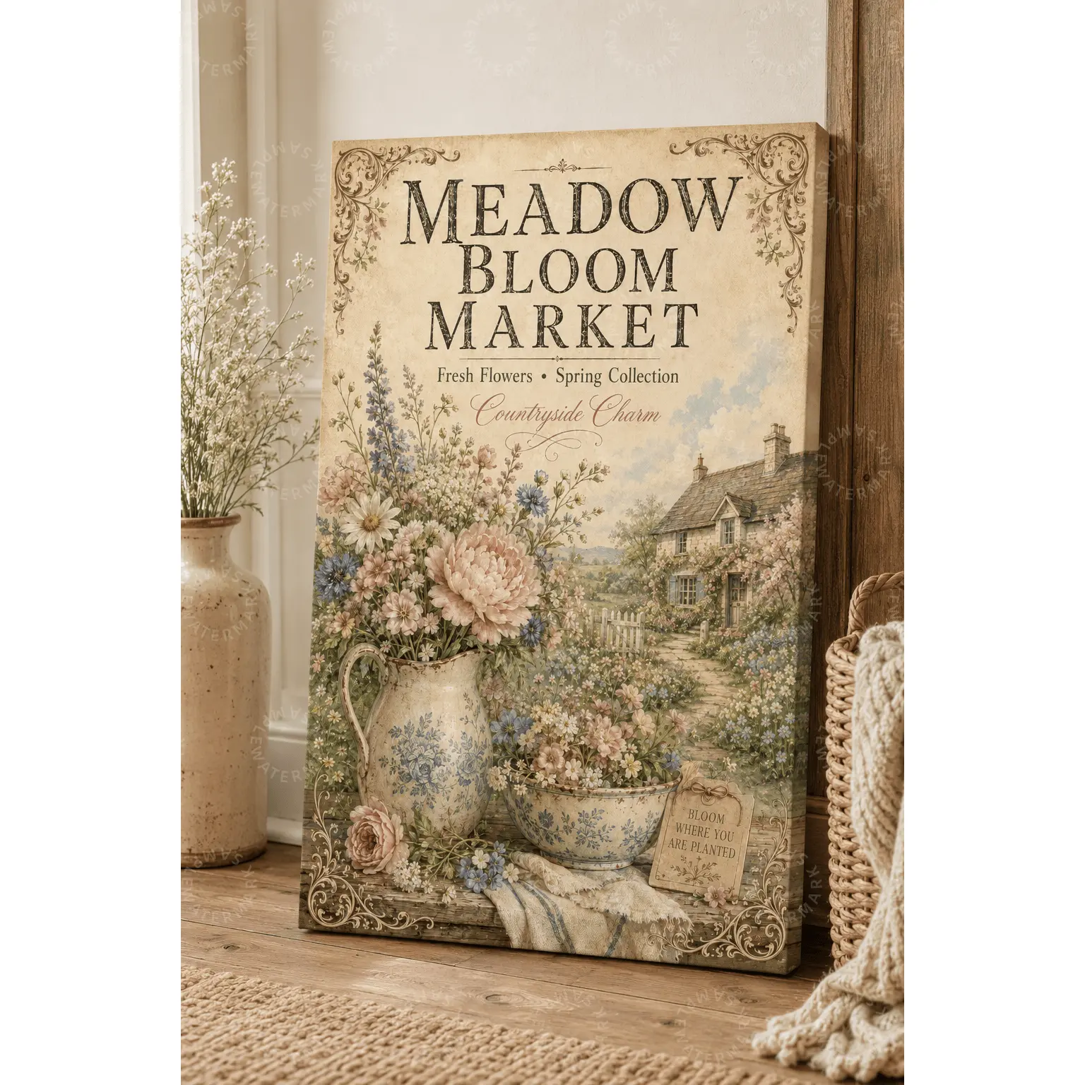 Meadow Bloom Market Canvas Wall Art, Vintage Spring Flower Poster, Cottagecore Farmhouse Botanical Print, Soft Floral Pitcher Aesthetic Decor, Bedroom Living Room Office Wall Decor Gift